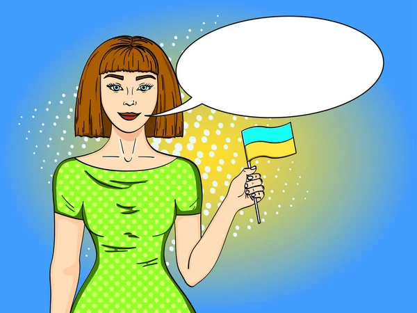 Popart gelukkig jong meisje met de vlag van de Oekraïense, kijken naar de camera. Komische stijl imitatie tekst zeepbel. — Stockfoto