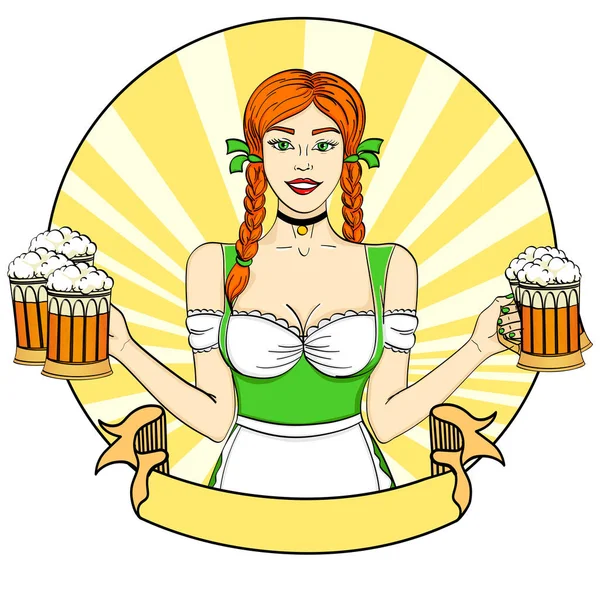 Logo Pop art Germany Girl waitress carries five beer glasses, oktoberfest. Comic style imitation. Banner, poster or stcker — Stock Photo, Image