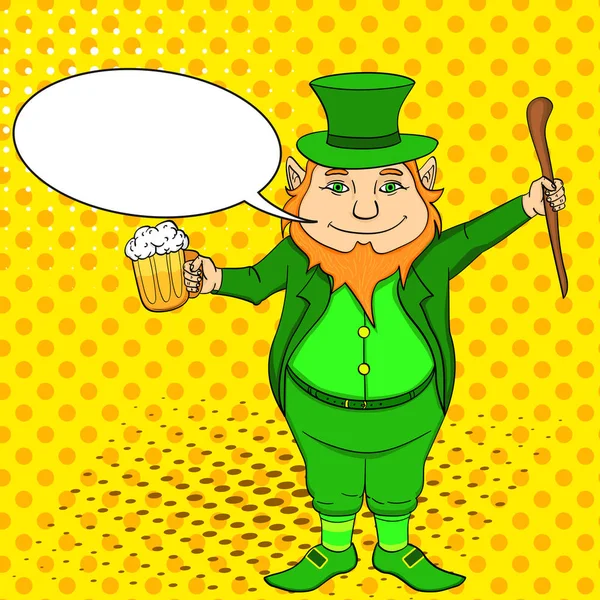 Pop art Lutin drôle avec un bâton et une tasse de bière dans ses mains. La Saint-Patricks. Bulle texte — Image vectorielle