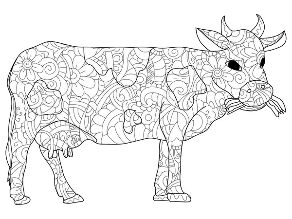 Dla dorosłych antistress kolorowanki zwierzęta krowa wzór, Astrachań. Ilustracja z czarnymi liniami doodle, białe tło — Wektor stockowy