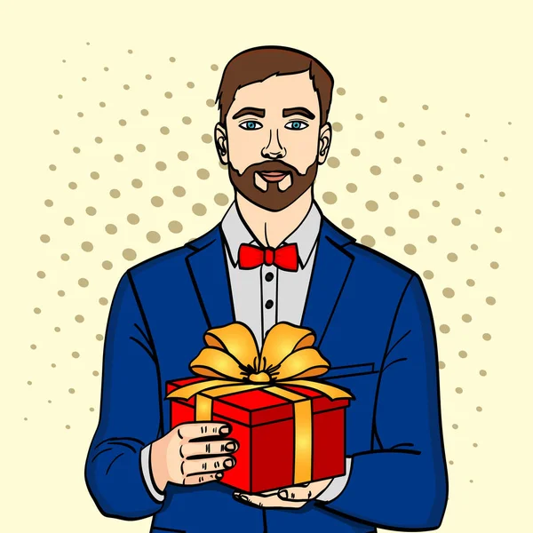 El hombre tiene una gran caja de regalo. Vector en estilo retro cómic pop art. Un tipo con navidad o regalo de cumpleaños . — Vector de stock