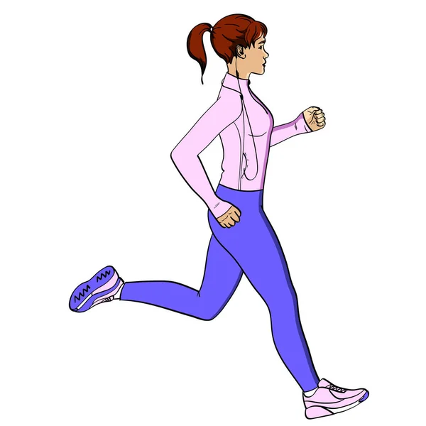 体育女孩慢跑对象在白色背景复古。漫画书风格的模仿。在运动服装用耳机和球员 — 图库矢量图片