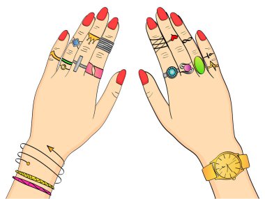 Beyaz arka plan üzerinde izole nesne vektör çizim renkli. Eller kadın moda mücevher, yüzük, takı, saatler