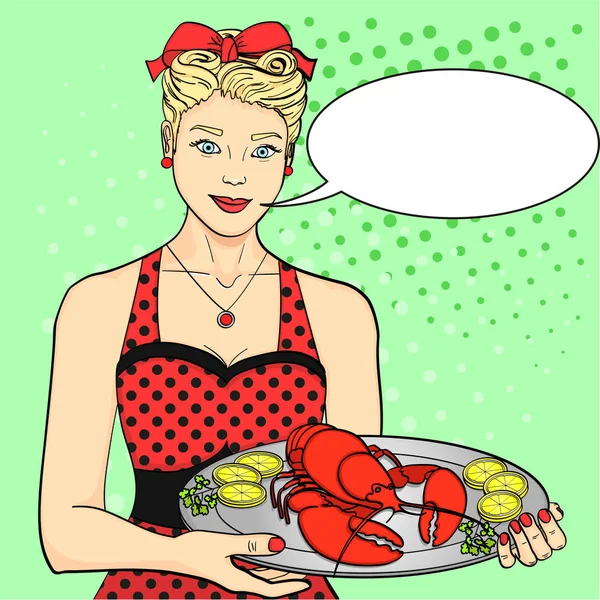 A anfitriã, o cozinheiro, o garçom em vermelho serve comida. Uma mulher apresenta uma lagosta numa bandeja. Pop arte estilo bolha de texto —  Vetores de Stock