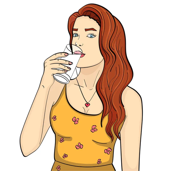 Une femme en bonne santé boit du lait dans un verre. Vecteur de style imitation comique. objet isolé sur fond blanc — Image vectorielle