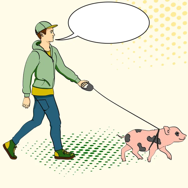 Pop art man marche avec un mini cochon. Vecteur d'un style imitation comique, rétro. bulle texte — Image vectorielle