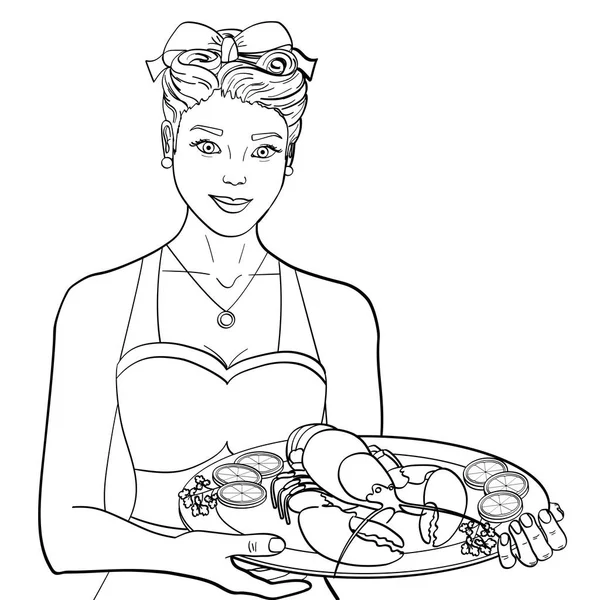 La donna presenta l'aragosta su un vassoio. oggetto isolato su sfondo bianco Libro da colorare per bambini — Vettoriale Stock