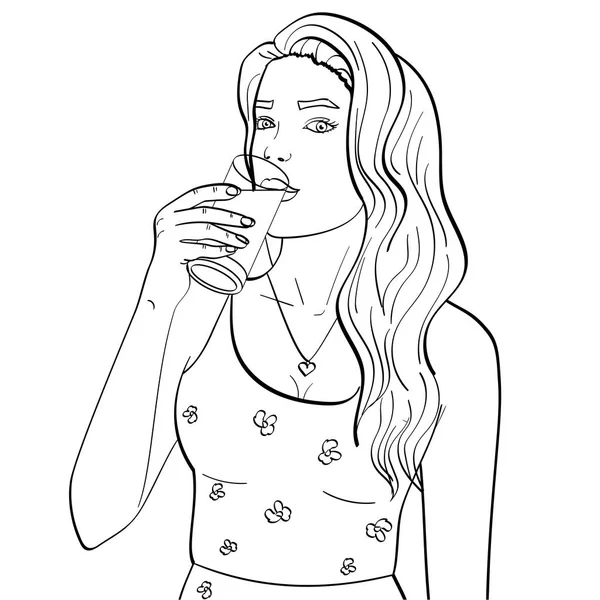 健康な女性は、ガラスからミルクを飲んでいます。白い背景の上の孤立したオブジェクト。子供のための着色本 — ストックベクタ