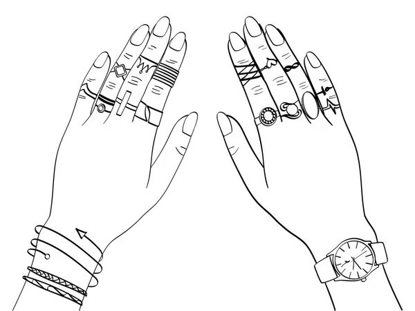 Objet isolé sur fond blanc. Mains de femmes dans les bijoux de mode, bagues, bijoux, montres. Coloriage de livre pour enfants — Image vectorielle