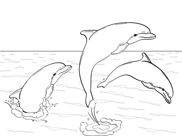 Arte Pop. Vector de imitación estilo cómic retro. Descansa en el mar, tres delfines juegan en el agua. Libro para colorear para niños — Vector de stock