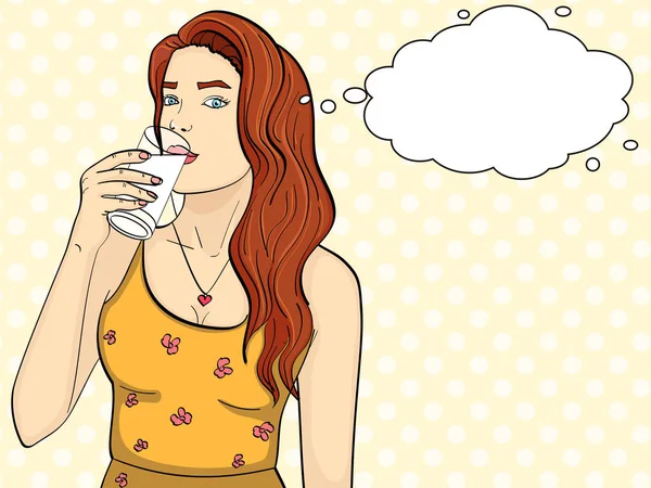 Zdravá žena pije mléko ze skla. Pop-art pozadí. Imitace komiksové vektorové textové bubliny — Stockový vektor