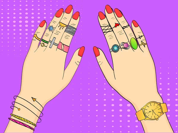 Illustration vectorielle colorée Pop Art. Mains de femmes dans les bijoux de mode, bagues, bijoux, montres et Bijou. Bandes dessinées d'imitation rétro — Image vectorielle