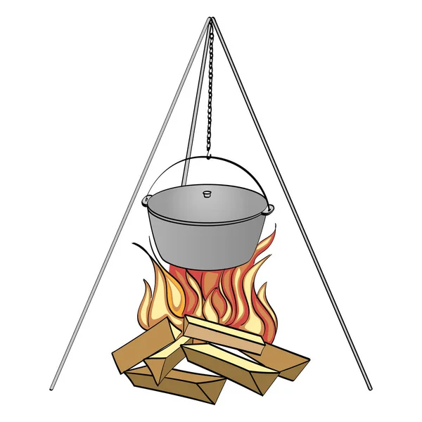 Geïsoleerde object op een witte achtergrond. Camping vreugdevuur met koken. Vector — Stockvector
