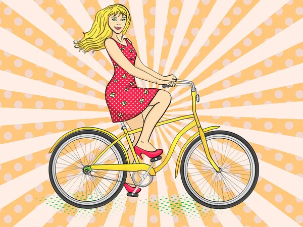 Pop art sfondo con i raggi del sole. Giovane bellezza donna andare in bicicletta vettore retrò. Imitazione stile fumetto . — Vettoriale Stock