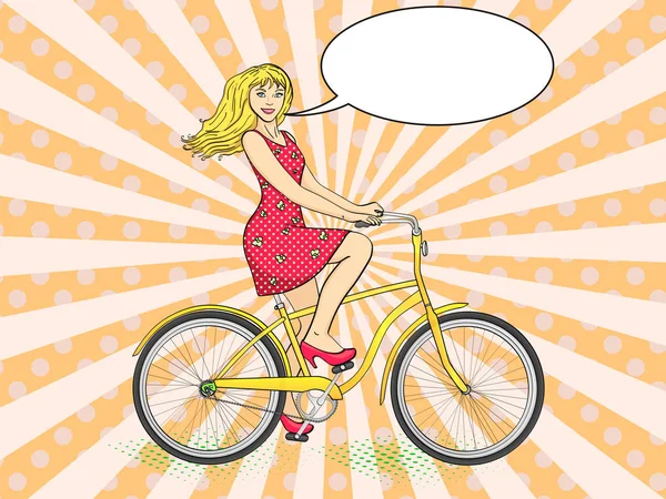 Latar belakang seni pop dengan sinar matahari. Wanita cantik muda naik sepeda retro vektor. Peniruan gaya buku komik. Gelembung teks - Stok Vektor