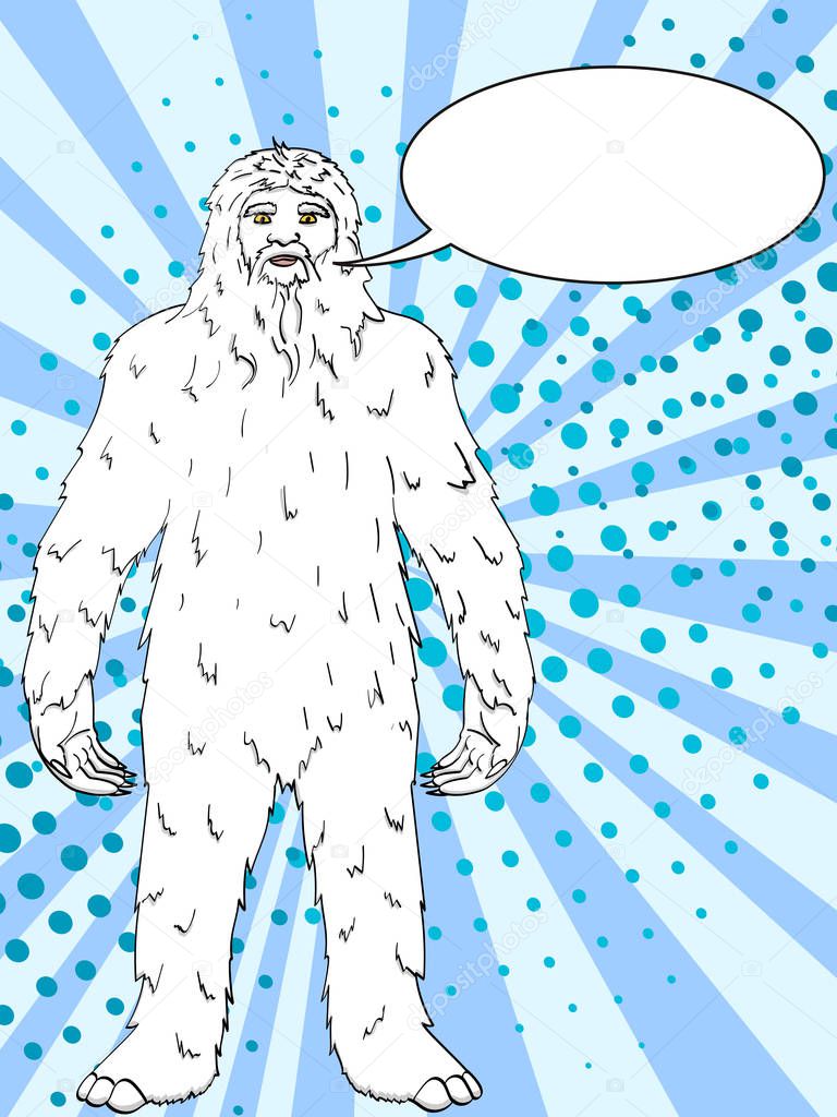 Pop art background vector Nepal, Yeti, Abominable Snowman. Color comic book style imitation big foot Text bubble