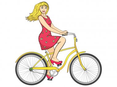 Beyaz arka plan noktasında yalıtılmış nesne. Güneş ışınları ile. Genç güzellik kadın binmek bisiklet retro vektör.