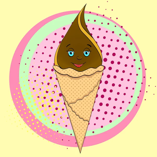 Ice cream cone with face, smile on pop art background. An imitation comic book. vector — Stock Vector