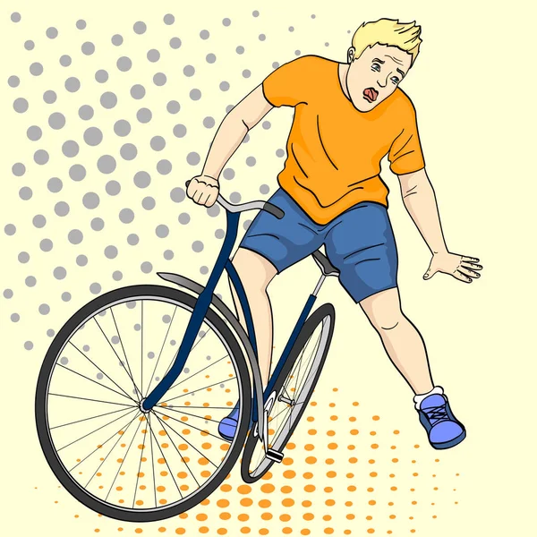 Popart achtergrond. De man is de fiets eraf. Emotie funk, pijn, vector — Stockvector