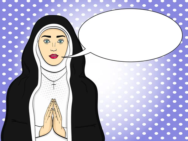 Поп-арт поклонница, Божья сестра молится. В черно-белой одежде. Тема веры, женщина вектор Текстовый пузырь — стоковый вектор