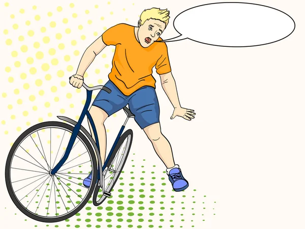 Поп-арт фон. Человек падает с велосипеда. Эмоции, боль, векторный текст — стоковый вектор