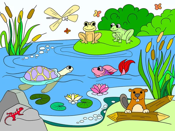 Водно-болотний пейзаж з тваринами кольоровий вектор для дорослих — стоковий вектор