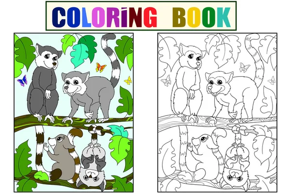 Kinder Malbuch und Farbe Cartoon Familie der Lemuren auf die Natur. — Stockvektor