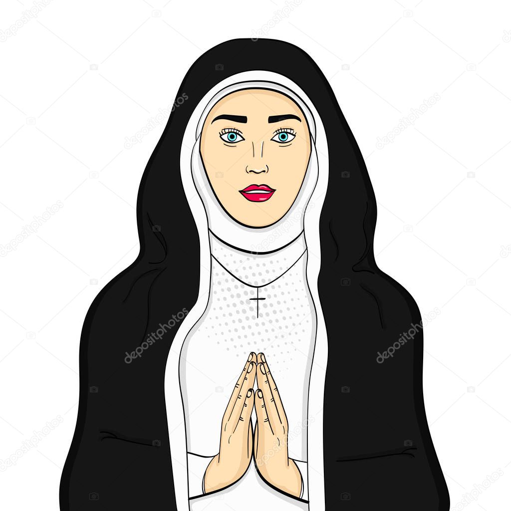 Isolated object on white background votaress, God sister prays. In black and white clothes. Theme of faith, woman vector