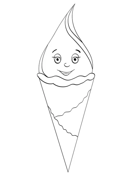 Cono de helado con cara, sonríe enLibro para colorear para niños aislados. Líneas negras sobre fondo blanco . — Vector de stock