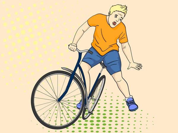 Fondo de arte pop. El hombre se cae de la bicicleta. Emoción funk, dolor, vector — Vector de stock