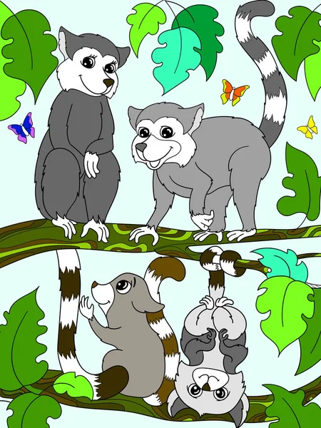 Libro de niños y dibujos animados de color familia de lémures sobre la naturaleza . — Vector de stock