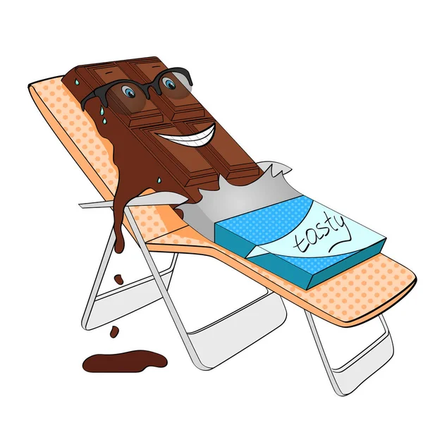 Barra de chocolate derrete em objeto de praia no vetor de fundo branco. Personagem dos desenhos animados. Cor fundo . — Vetor de Stock