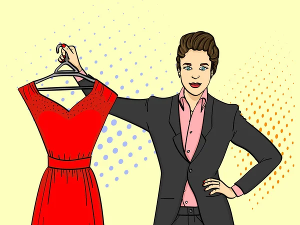 Pop art φόντο. Μια γυναίκα σε ένα επαγγελματικό κοστούμι, επιχειρηματίας, κρατώντας ένα κόκκινο φόρεμα στο χέρι. — Διανυσματικό Αρχείο
