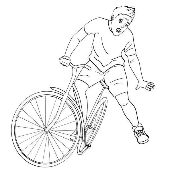 Oggetto isolato su sfondo bianco. L'uomo sta cadendo dalla bicicletta. Funk emozione, dolore, colorazione vettoriale — Vettoriale Stock