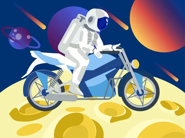 Astronauta monta una motocicleta en la luna. En estilo minimalista. Rama isométrica plana —  Fotos de Stock