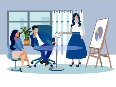 Ofis toplantısı. Çalışanlar yapılan iş hakkında rapor veriyor. Minimalist tarzda. Düz izometrik raster