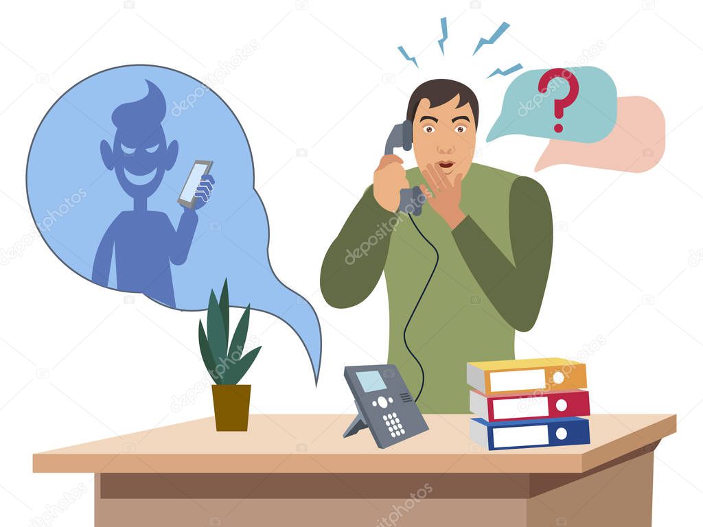 Telephone con man. Flat style Cartoon vector