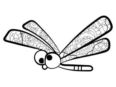 Çocukları boyamak, yusufçuk ve desenler. Siyah beyaz kar tanesi. Çizgi film vektörü