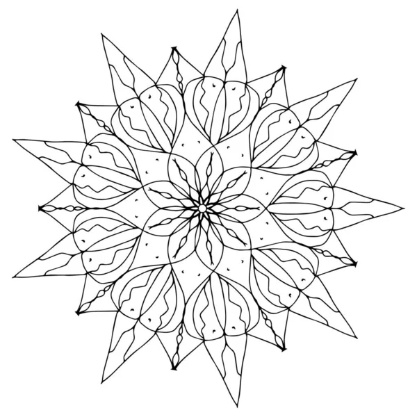 Coloriage des enfants, dessin. Feuilles ensemble de différentes plantes et arbres. Forme d'étoile ou boules de neige. Flocon de neige noir et blanc . — Image vectorielle
