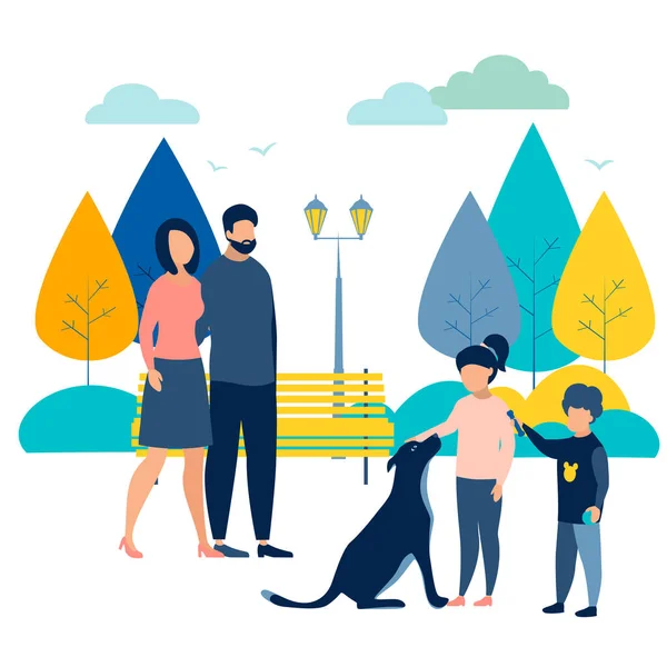 Familia de vacaciones en el parque con un perro. En estilo minimalista. isométrico plano —  Fotos de Stock