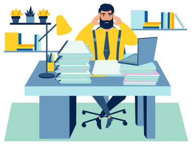 Çalışan işten yoruldu. Belgelerde kafası karışmış. Minimalist tarzda. Çizgi film düz raster.