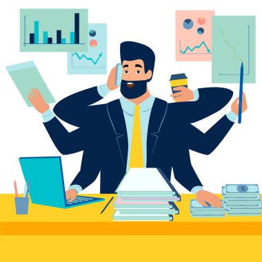 Bir iş adamının her şeyi yapacak vakti vardır. Bir sürü eli olan bir adam. Minimalist tarzda. Çizgi film düz raster.