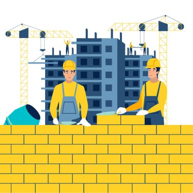 İnşaat, çalışma ortamı. İnşaatçılar çalışıyor. Minimalist tarzda Karikatür düz raster