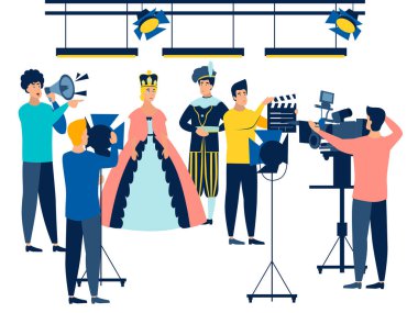 Çekim. Aktörler ve film endüstrisi çalışanları. Minimalist tarzda. Çizgi film düz raster.
