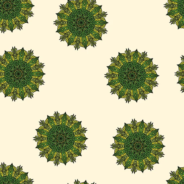 Sömlös bakgrund, Mandala av grön färg. Tecknad vektor — Stock vektor