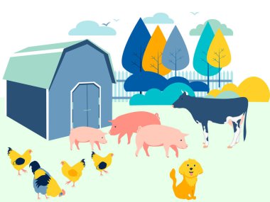 Çiftlik, hayvanlar. Minimalist tarzda düz. Çizgi film raster