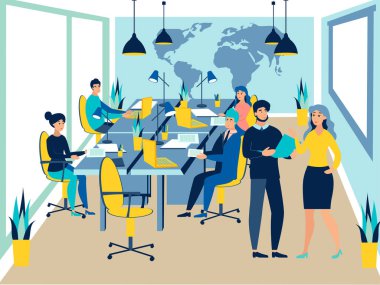 Takım çalışması konferansı. İş konuşuyoruz. Düz stil. Çizgi film raster