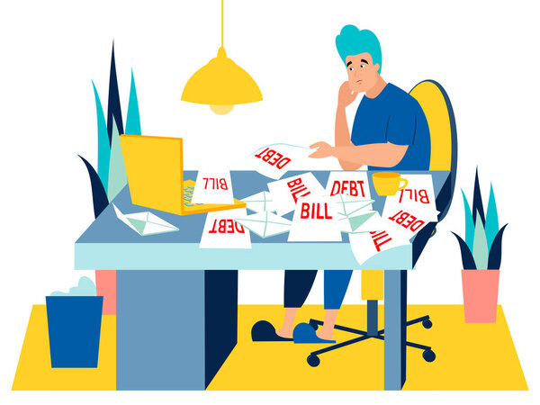 Sad man sitting with bills, debt for the house. In minimalist style. Cartoon flat raster