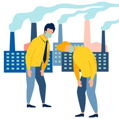 Ekolojik felaket. İnsanlar fabrikanın dumanından boğuluyor. Minimalist tarzda Karikatür düz raster