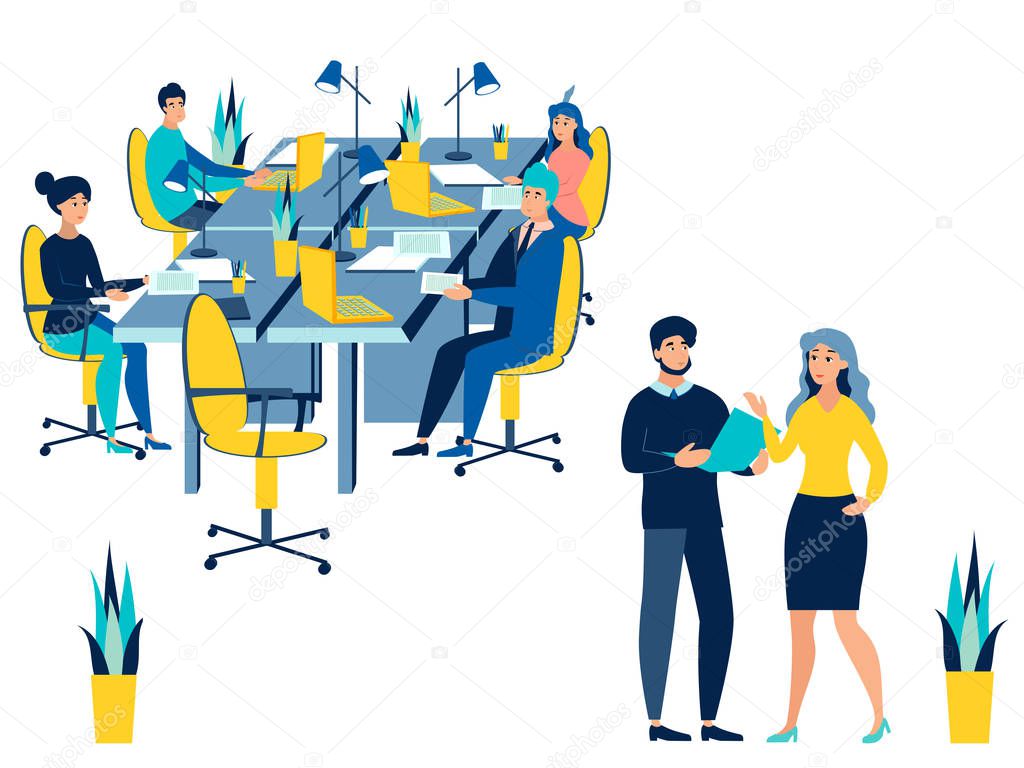 Team work conference meeting. Business talking isolated on white background. Flat style. Cartoon raster